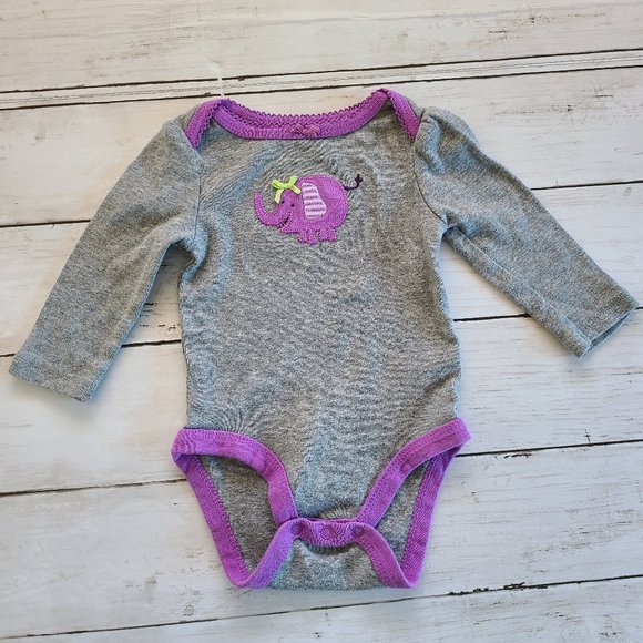 ♡ 5/$20 - Circle Girl's Gray Purple Elephant Long Sleeve Bodysuit 0-3mo. - Picture 2 of 6
